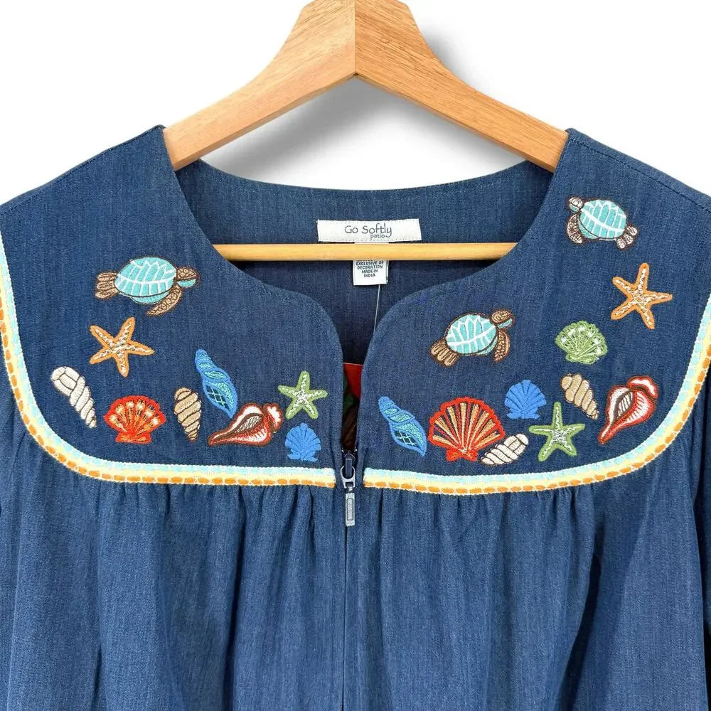 Go Softly Denim Embroidered Turtle Shell Patio Dress Sz XL Sea Life Full Zip - Picture 3 of 10